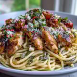 Juicy golden-seared chicken and al dente pasta tossed with tomatoes, mozzarella, and fresh basil, finished with balsamic.
