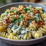 Creamy lemon orzo with chicken and spinach, a comforting spring dinner with tender chicken, fresh greens, and zesty citrus.