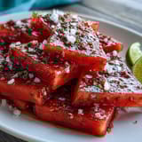 A vibrant plate of juicy watermelon slices dusted with Tajin and fresh lime, perfect for a spicy-sweet summer snack.