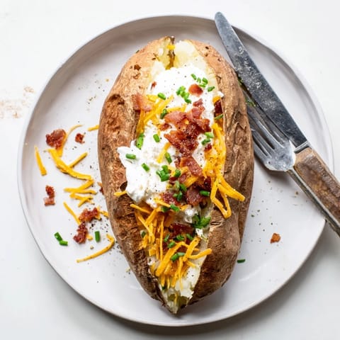 A close-up shows a steaming loaded baked potato with melted cheese, crumbled bacon, chopped chives, and a dollop of sour cream on a rustic wooden board.