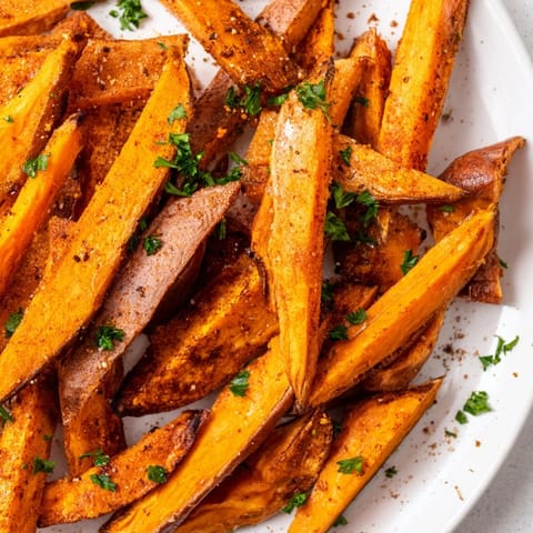 Golden-brown Sweet Potato Fries arranged on parchment paper, seasoned with paprika and garlic, served alongside a creamy dipping sauce.