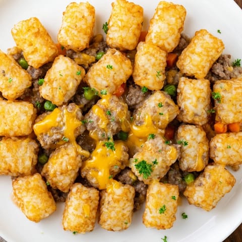 Hearty Tater Tot Casserole fresh from the oven, topped with melted cheddar and crisp tots.