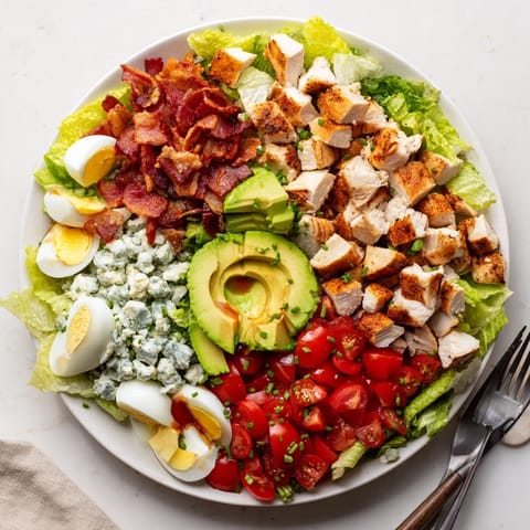 Colorful Classic American Cobb Salad featuring bright diced tomatoes, creamy avocado slices, savory crumbled bacon, and rich blue cheese, arranged neatly on a bed of crisp romaine and iceberg lettuce.