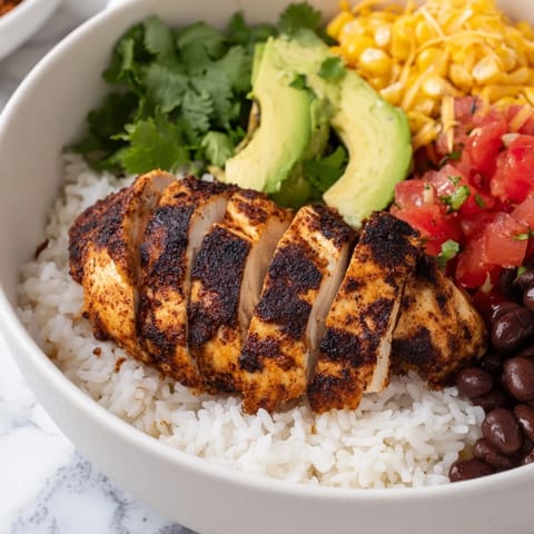 A Tex-Mex Spicy Chicken Burrito Bowl topped with fresh avocado, zesty salsa, and cilantro garnish.  