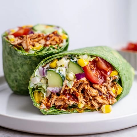 A close-up of a sliced BBQ Chicken Salad Wrap revealing colorful layers of corn, red onion, and creamy dressing.  