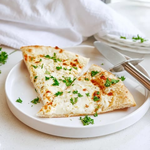 A close-up of Creamy Garlic White Pizza, showcasing velvety garlic cream sauce and melted cheese on a slice.  