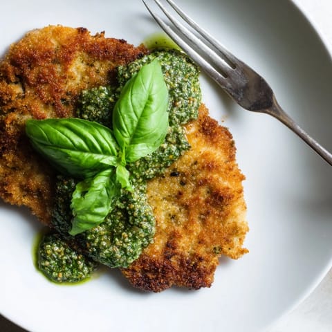 Crispy Pesto Chicken Cutlets are golden brown, pan-fried, and topped with a fresh green dollop of basil pesto.