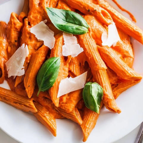 Bright, glossy sauce and al dente pasta for a quick weeknight vegetarian meal, garnished with grated Parmesan.