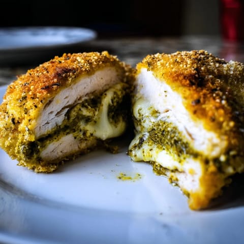 Juicy Mozzarella & Pesto Stuffed Chicken served hot with roasted vegetables on a rustic wooden table for a family dinner.