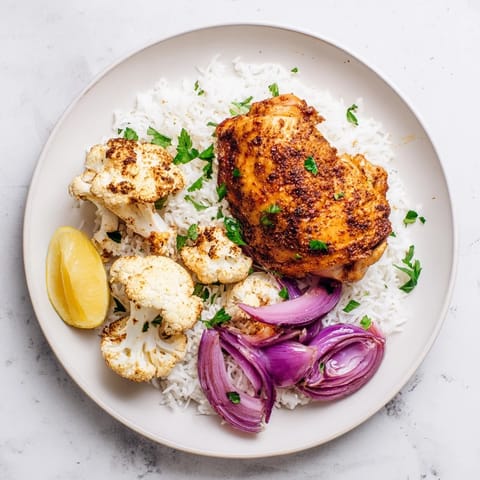 A rustic, glazed chicken and roasted cauliflower sheet pan meal garnished with fresh parsley and lemon wedges for a bright finish.