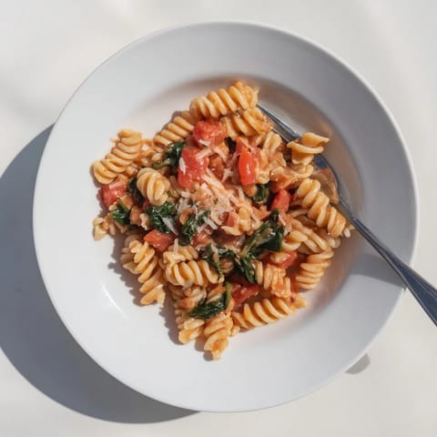 A single pot of colorful rotini pasta with wilted spinach and tender diced tomatoes, ready to serve.  