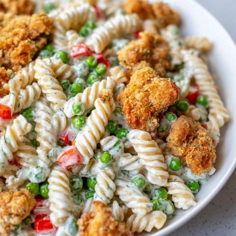 Hearty Crispy Chicken Ranch Pasta Salad served as a main dish, featuring crispy chicken bites over creamy pasta with peas and fresh herbs.