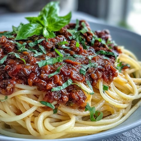 A rustic skillet of hearty Lentil Bolognese bubbles on the stove, surrounded by diced vegetables and a glass of red wine.