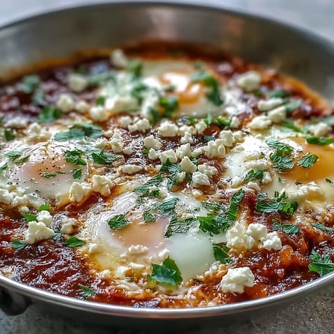A skillet of homemade Shakshuka features four poached eggs simmering in a rich, spiced tomato and pepper sauce with fresh cilantro garnish.