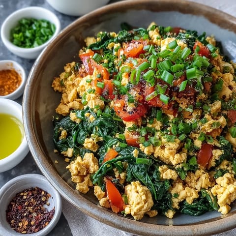 Golden tofu scramble with turmeric and colorful veggies like red bell pepper, spinach, and tomato in a skillet.