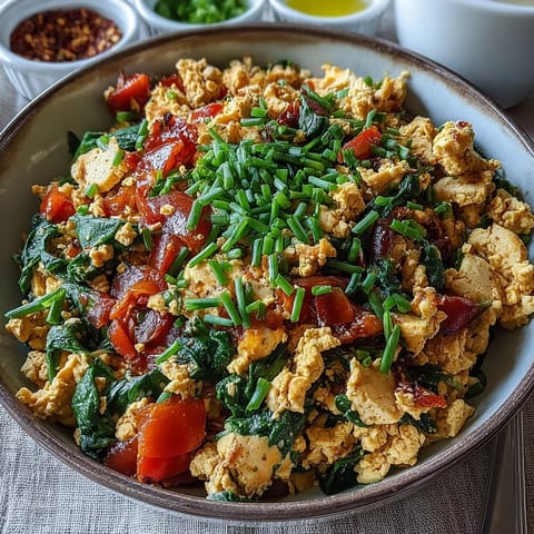 A close-up of a fluffy tofu scramble, seasoned with spices and herbs, served on a warm breakfast plate.