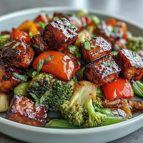 A colorful medley of broccoli, carrots, and snap peas is tossed with nutty tempeh in a sticky, aromatic sauce in this Vegetable Tempeh Stir-Fry.  