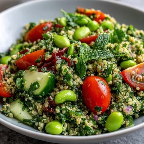 A close-up of Edamame and Quinoa Salad, featuring vibrant red cherry tomatoes and crisp diced bell pepper on a rustic wooden table.