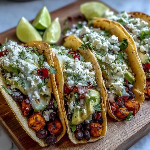 Topped with creamy avocado and shredded red cabbage, these Black Bean and Sweet Potato Tacos are served warm with lime wedges.