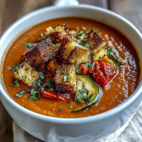 Velvety roasted vegetable soup served warm in a rustic bowl, garnished with fresh parsley and a drizzle of olive oil.