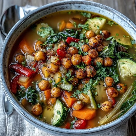 A ladle pours a serving of warm Spiced Chickpea and Vegetable Soup into a rustic bowl, with the steam rising from the aromatic blend of cumin, coriander, and turmeric.