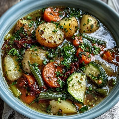 A hearty bowl of Potato and Vegetable Soup garnished with fresh parsley, perfect for a nourishing lunch.