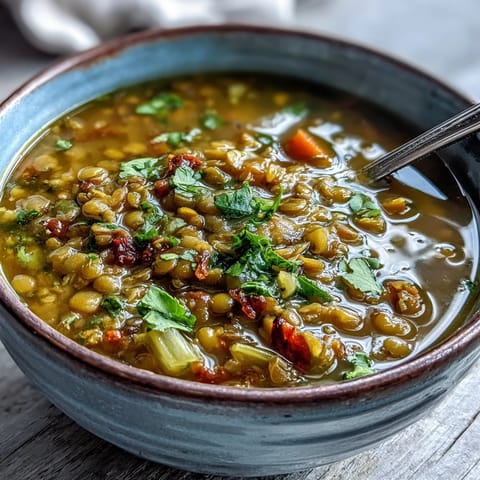 Steaming bowl of homemade Mung Bean Soup, garnished with fresh cilantro and a lemon wedge.