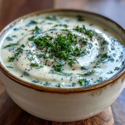Creamy Celery and Herb Soup with a silky texture and fresh green herbs in a white bowl.