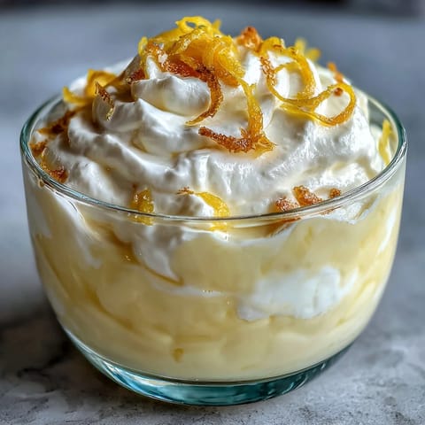 Bright and zesty Lemon Fool served in a glass with a spoon, topped with fresh berries and lemon zest for a refreshing dessert.