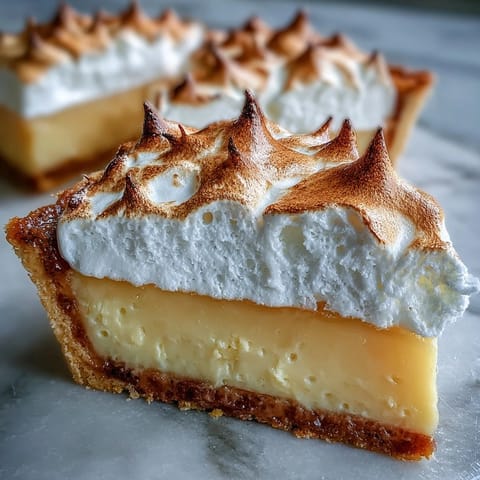The lemon meringue pie features a flaky crust, a bright yellow filling, and swirled meringue. 