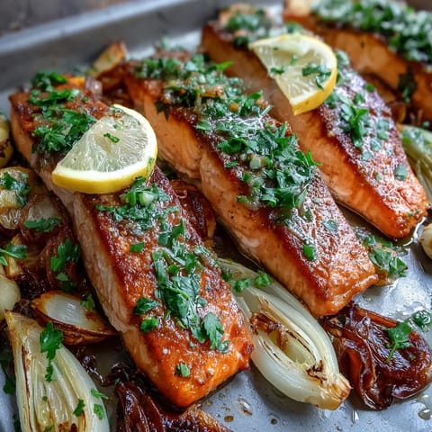 Flaky salmon fillet topped with vibrant green parsley dressing and roasted onions, ready for a healthy weeknight dinner.