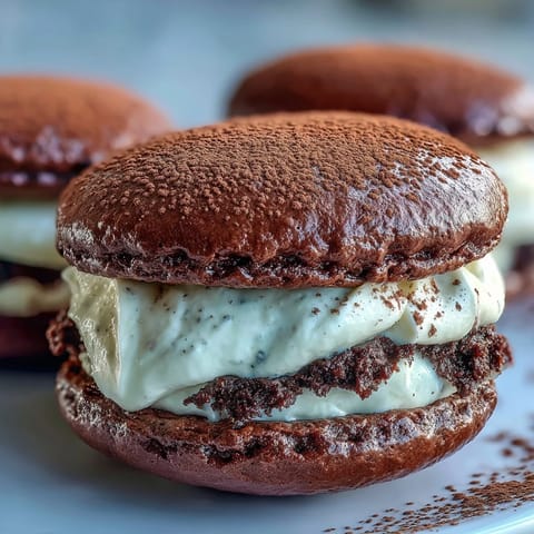 Fluffy Tiramisu Whoopie Pies with creamy coffee mascarpone filling dusted with cocoa powder on a rustic wooden board.