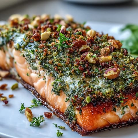 Tender salmon pieces with a golden, nutty tahini and pistachio herb crust, ready to be served warm or at room temperature.