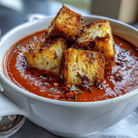 A bowl of Roasted Red Pepper Soup with Crispy Croutons, served steaming hot with a swirl of cream and bright red pepper color.