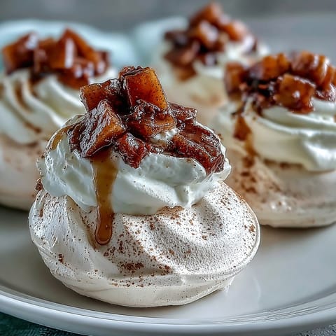 Mini Hot Toddy Pavlovas with crisp meringue shells, whipped cream, and whisky-spiced pears on a rustic plate.