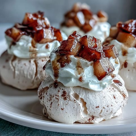 Airy Mini Hot Toddy Pavlovas topped with luscious cream and warm cinnamon pears, served beside steaming tea.