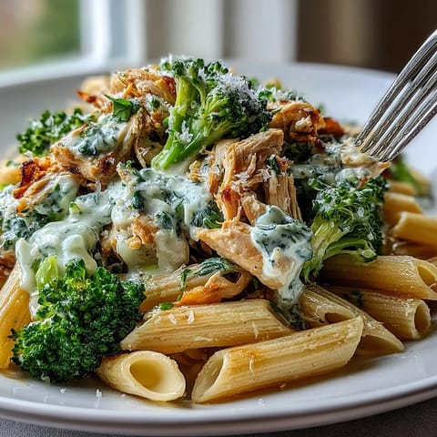 Creamy High Protein Rotisserie Chicken Broccoli Pasta topped with melted Parmesan and fresh parsley served in a rustic ceramic bowl.
