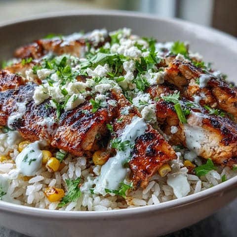 Street Corn Chicken and Rice Bowls served in white bowls, garnished with fresh cilantro and lime wedges, ready to be drizzled with creamy spicy crema.