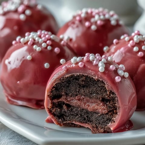 Easy Oreo Truffle Balls with Pink Candy Coating stacked on a white plate, ready to serve at a party.
