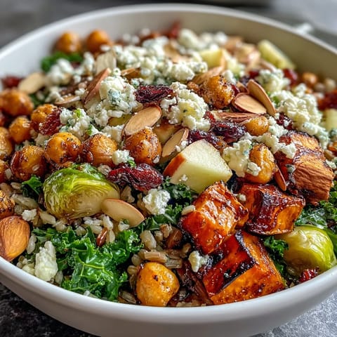 Golden roasted sweet potatoes and Brussels sprouts top a Fall Harvest Bowl with kale, wild rice, and crisp apples. 