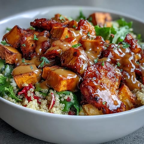 A colorful Hot Honey Chicken Bowl topped with crunchy red cabbage slaw and drizzled with tangy dressing.