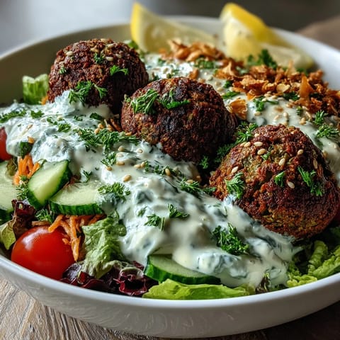 A finished Falafel Bowl topped with cherry tomatoes, cucumber, shredded carrots, and a rich drizzle of tahini sauce.