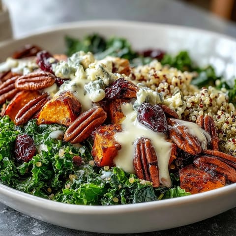 Golden roasted sweet potatoes and fluffy quinoa piled high in a Harvest Kale Quinoa Bowl, topped with toasted pecans and dried cranberries.