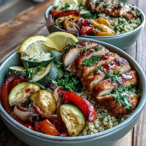 Golden-brown paprika herb chicken slices rest atop fluffy quinoa with roasted red bell peppers and zucchini, garnished with fresh parsley.