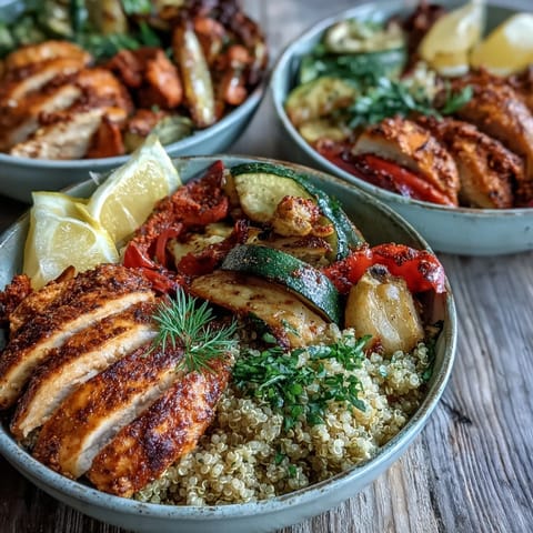 Colorful roasted vegetables and paprika herb chicken over quinoa are drizzled with rose harissa and topped with creamy Greek yogurt.