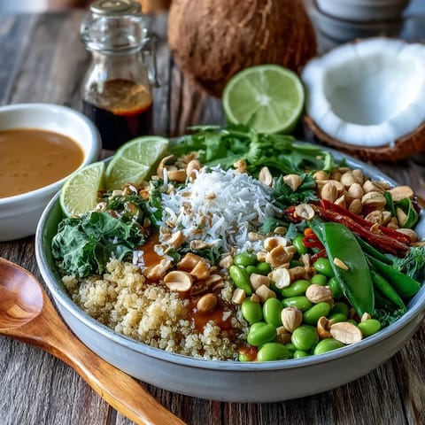 Forkful of fluffy coconut quinoa, edamame, and purple cabbage in a Thai Coconut Quinoa Bowl, ready to enjoy for lunch or dinner.