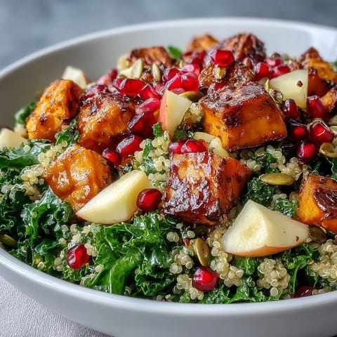 Vibrant Kale Harvest Grain Bowl with roasted sweet potatoes, fluffy quinoa, crisp apple, and juicy pomegranate seeds.