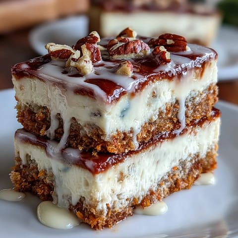 Carrot Cake Cheesecake Bars with creamy cheesecake swirls and a spiced carrot cake base, topped with smooth cream cheese frosting.