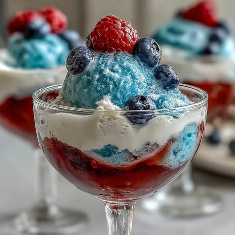 Red, White, and Blue Layered Jello Cups with whipped cream and berries on top, vibrant patriotic dessert for summer celebrations.