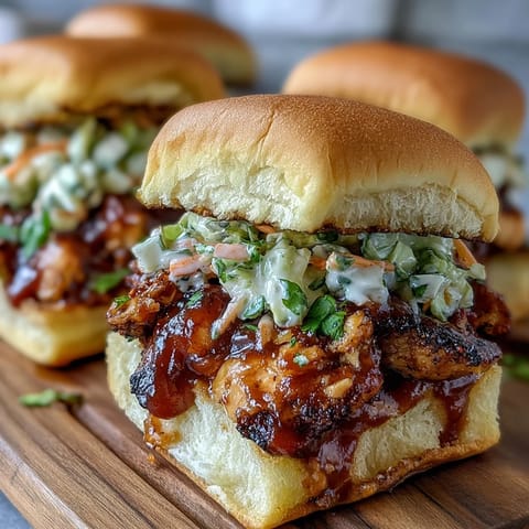 Juicy BBQ chicken sliders piled high with tangy coleslaw on soft toasted buns, perfect for festive summer cookouts.